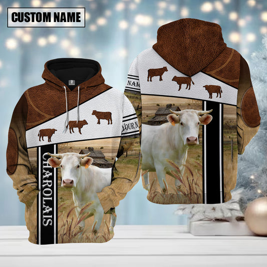 Joycorners Farm Charolais Cattle Brown Leather Pattern Custom Name Shirts