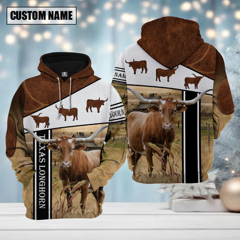 Joycorners Farm Texas Longhorn Brown Leather Pattern Custom Name Shirts