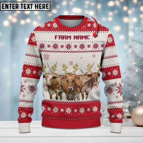 Joycorners Texas Longhorn Merry Christmas Custom Farm Name Ugly Sweater