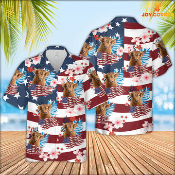 Joy Corners Highland Cattle Floral U.S Flag Pattern Hawaiian Shirt