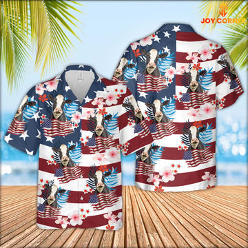 Joy Corners Holstein Cattle Floral U.S Flag Pattern Hawaiian Shirt