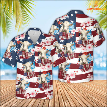 Joy Corners Charolais Cattle Floral U.S Flag Pattern Hawaiian Shirt