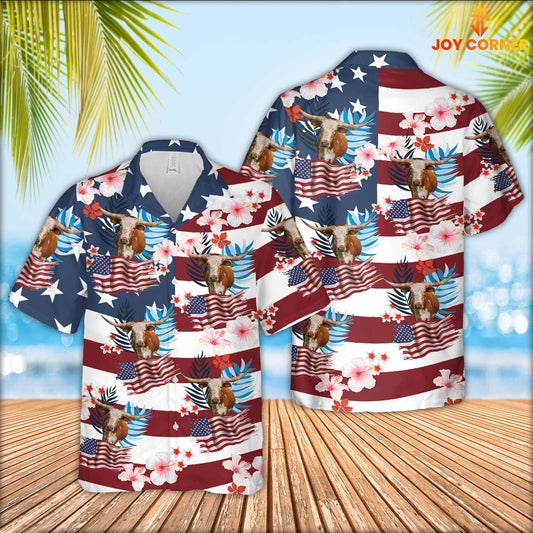 Joy Corners Texas Longhorn Floral U.S Flag Pattern Hawaiian Shirt