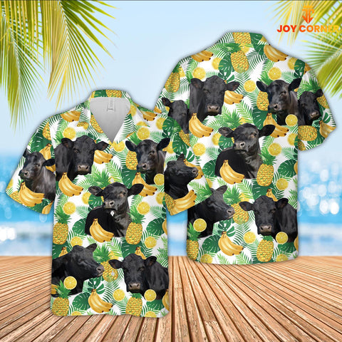 Joy Corners Black Angus Cattle White Tropical Fruits Pattern Hawaiian Shirt