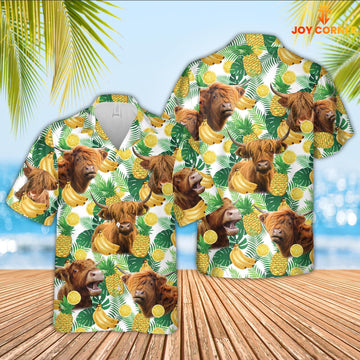 Joy Corners Highland Cattle White Tropical Fruits Pattern Hawaiian Shirt