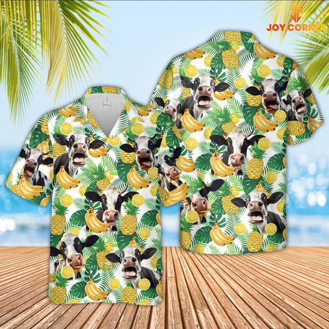 Joy Corners Holstein Cattle White Tropical Fruits Pattern Hawaiian Shirt