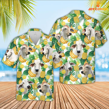 Joy Corners Brahman Cattle White Tropical Fruits Pattern Hawaiian Shirt