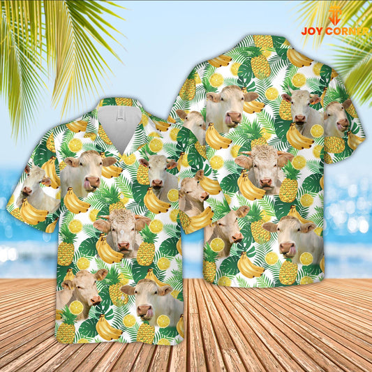 Joy Corners Charolais Cattle White Tropical Fruits Pattern Hawaiian Shirt