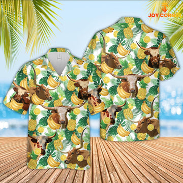 Joy Corners Texas Longhorn White Tropical Fruits Pattern Hawaiian Shirt