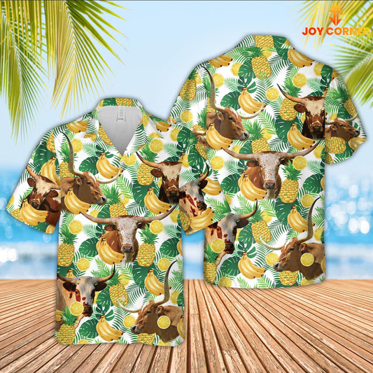 Joy Corners Texas Longhorn White Tropical Fruits Pattern Hawaiian Shirt