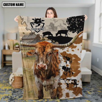 Joycorners Texas Longhorn Cattle Personalized Name Feather Pattern Blanket