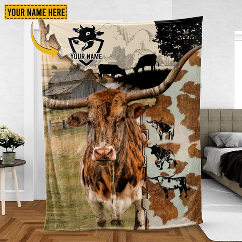 Joycorners Texas Longhorn Cattle Personalized Name Feather Pattern Blanket