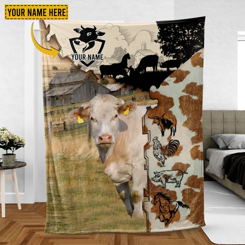 Joycorners Charolais Cattle Personalized Name Feather Pattern Blanket