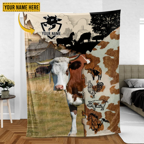 Joycorners Hereford Cattle Personalized Name Feather Pattern Blanket