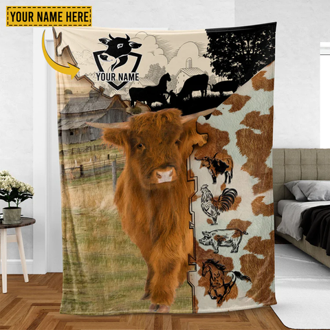 Joycorners Highland Cattle Personalized Name Feather Pattern Blanket