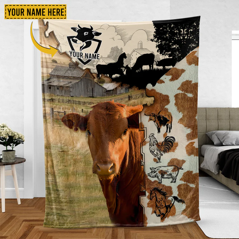 Joycorners Red Angus Cattle Personalized Name Feather Pattern Blanket