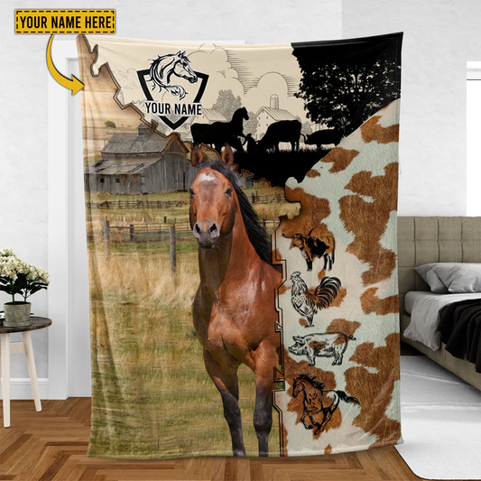Joycorners Horse Personalized Name Feather Pattern Blanket