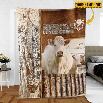 Joycorners Charolais Cattle Personalized Name Leather Pattern Blanket