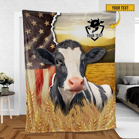 Joycorners Holstein Cattle Personalized Name U.S Flag Blanket