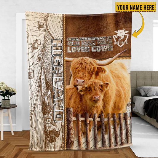 Joycorners Highland Cattle Personalized Name Leather Pattern Blanket