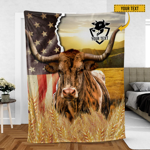 Joycorners Texas Longhorn Cattle Personalized Name U.S Flag Blanket