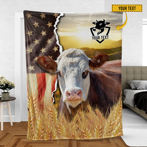 Joycorners Hereford Cattle Personalized Name U.S Flag Blanket