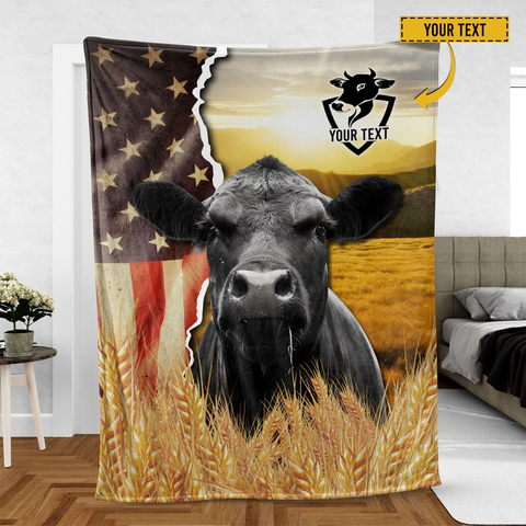 Joycorners Black Angus Cattle Personalized Name U.S Flag Blanket
