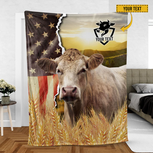 Joycorners Charolais Cattle Personalized Name U.S Flag Blanket