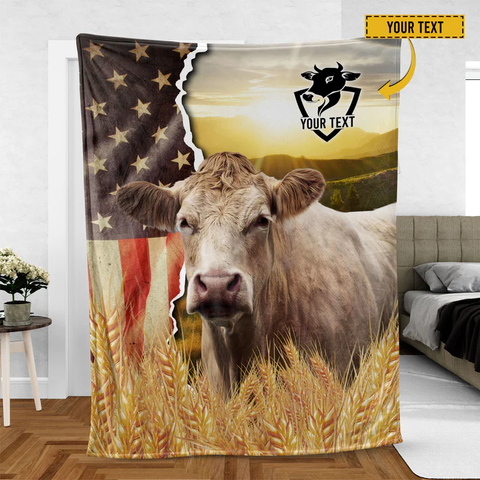 Joycorners Charolais Cattle Personalized Name U.S Flag Blanket
