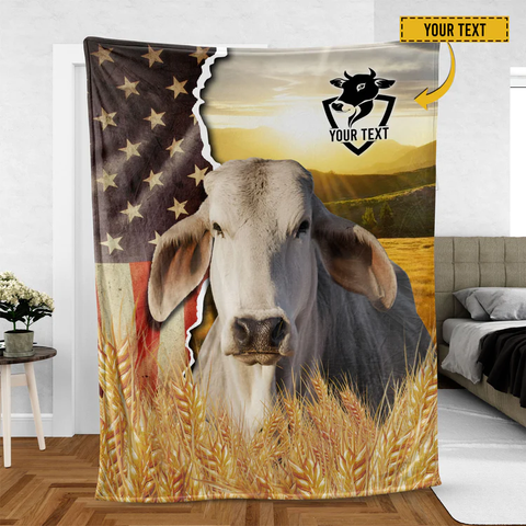 Joycorners Brahman Cattle Personalized Name U.S Flag Blanket