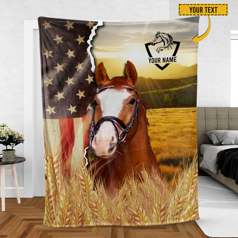Joycorners Horse Personalized Name U.S Flag Blanket