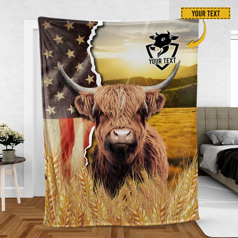 Joycorners Highland Cattle Personalized Name U.S Flag Blanket