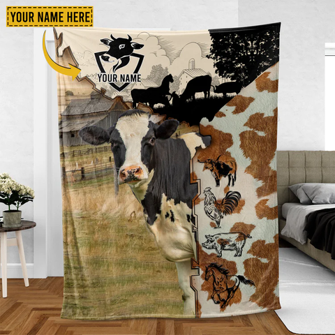 Joycorners Holstein Cattle Personalized Name Feather Pattern Blanket