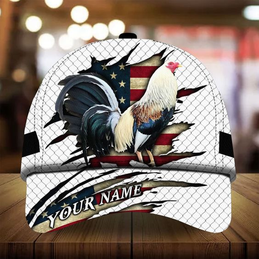 Joycorners Rooster U.S Flag Custom Name Farm 3D Cap