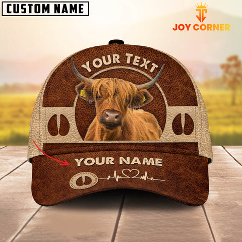 Joycorners Highland Cattle Personalized Name Brown Leather Pattern Cap