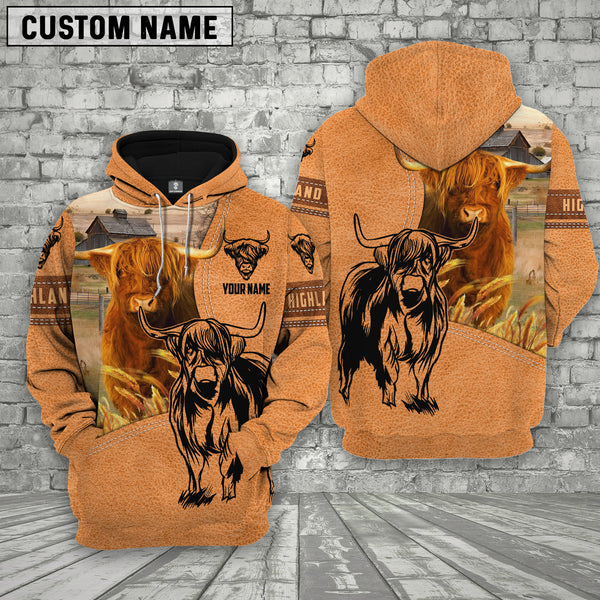 Joycorners Farm Personalized Name Highland Cattle Leather Pattern 3D Printed Hoodie