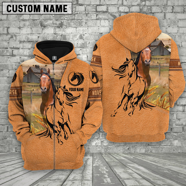 Joycorners Farm Personalized Name Horse Leather Pattern 3D Printed Hoodie