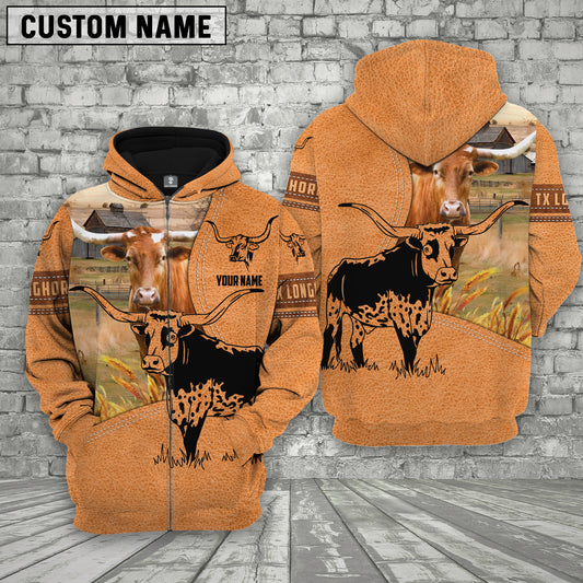 Joycorners Farm Personalized Name Texas Longhorn Leather Pattern 3D Printed Hoodie