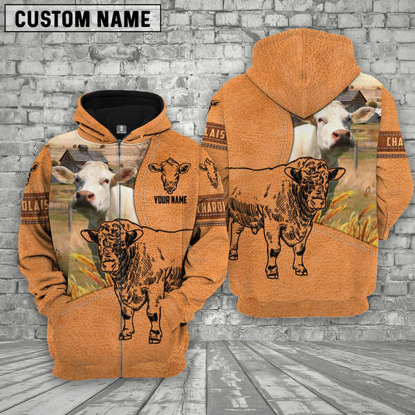 Joycorners Farm Personalized Name Charolais Cattle Leather Pattern 3D Printed Hoodie