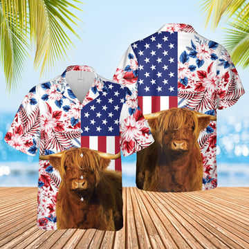 Joy Corners Highland Cattle US Flag Flower 3D Hawaiian Shirt