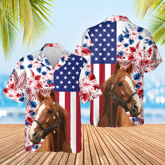 Joy Corners Horse US Flag Flower 3D Hawaiian Shirt