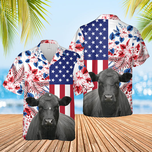 Joy Corners Black Angus US Flag Flower 3D Hawaiian Shirt