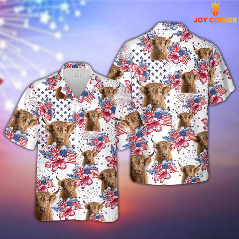 Joy Corners Highland Cattle US Flag Flower Pattern 3D Hawaiian Shirt