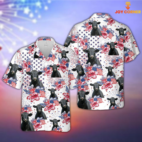 Joy Corners Black Angus US Flag Flower Pattern 3D Hawaiian Shirt