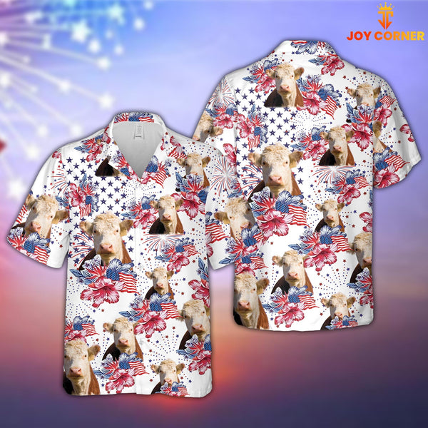 Joy Corners Hereford US Flag Flower Pattern 3D Hawaiian Shirt