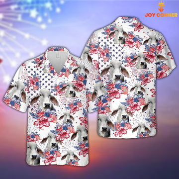 Joy Corners Brahman Cattle US Flag Flower Pattern 3D Hawaiian Shirt