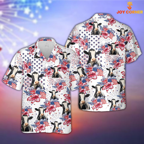 Joy Corners Holstein US Flag Flower Pattern 3D Hawaiian Shirt