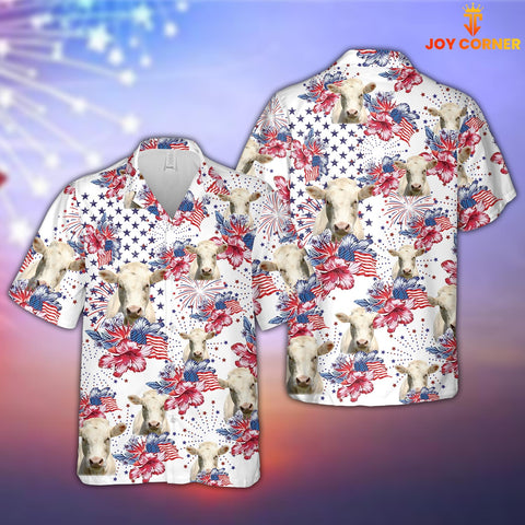 Joy Corners Charolais US Flag Flower Pattern 3D Hawaiian Shirt