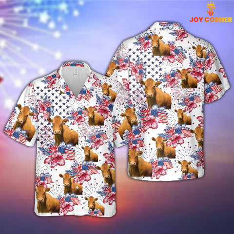 Joy Corners Limousin US Flag Flower Pattern 3D Hawaiian Shirt