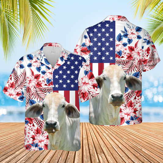 Joy Corners Brahman Cattle US Flag Flower 3D Hawaiian Shirt